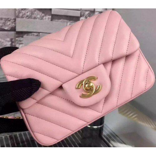 Chanel Classic mini Flap Bag Chevron Sheepskin Leather A68748 Rose
