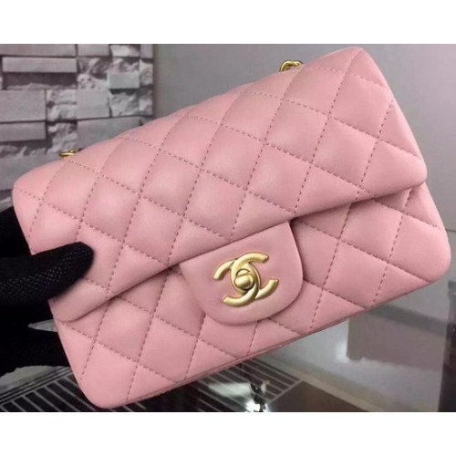 Chanel Mini sac à rabat classique en cuir de mouton rose A67350 Or