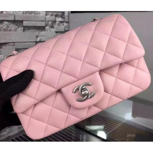 Chanel Mini sac à rabat classique en cuir de mouton rose A67350 argent
