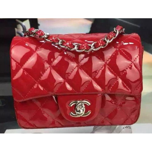 Chanel Classic mini Flap Bag Rouge Original Cuir Verni CF7171 Argent