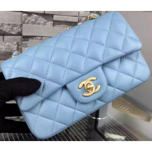 Chanel Classic mini Flap Bag SkyBlue Sheepskin Leather A67350 Doré