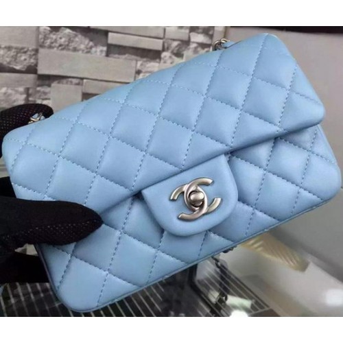 Chanel Classic mini Flap Bag SkyBlue Sheepskin Leather A67350 Argent