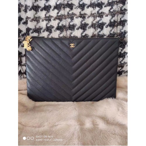 Chanel Pochette Cuir Caviar Noir 7012 Doré