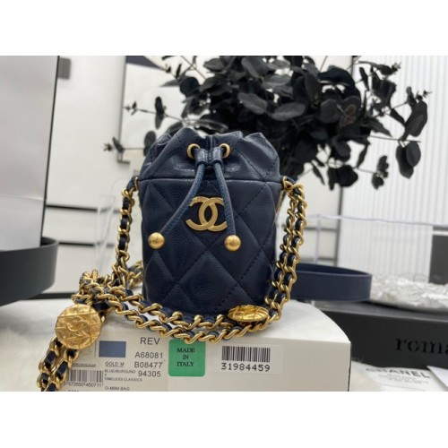 Chanel Sac à cordon en métal doré A68081 bleu foncé