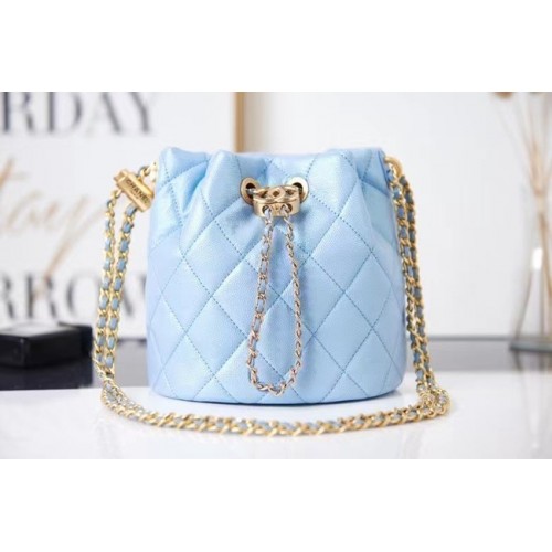 Chanel Sac à cordon Cuir de veau grainé Métal doré AS2859 bleu clair