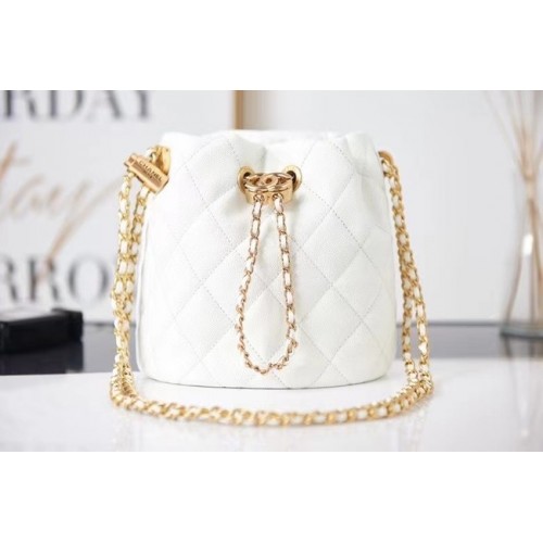 Chanel Sac à Cordon Cuir de Veau Grainé Métal Doré AS2859 blanc