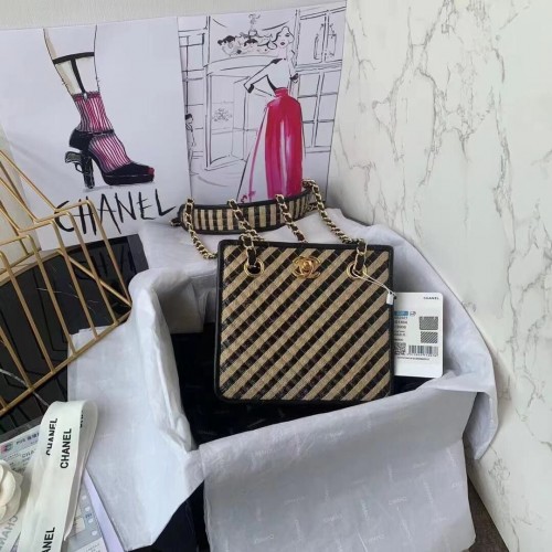 Chanel Sac à Cordon Raphia Fil de Jute Métal Doré Noir Beige AS2421