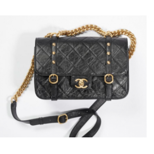Chanel SAC À RABAT Veau vieilli Métal doré AS2696 Noir
