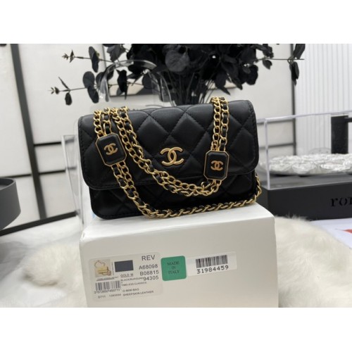 Chanel mini SAC À RABAT Agneau Métal Doré A68098 noir