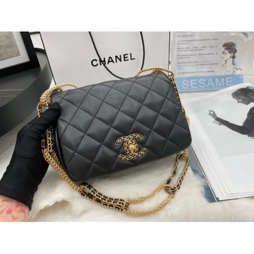 Sac à bandoulière en cuir d'agneau à rabat Chanel AS2975 noir