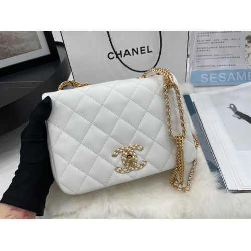 Sac à bandoulière en cuir d'agneau à rabat Chanel AS2975 blanc