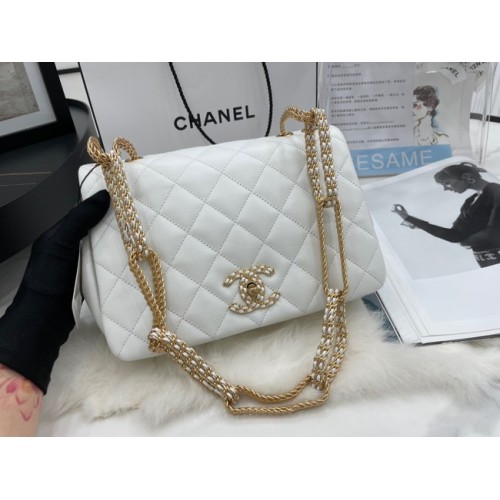 Sac à bandoulière en cuir d'agneau à rabat Chanel AS2976 blanc