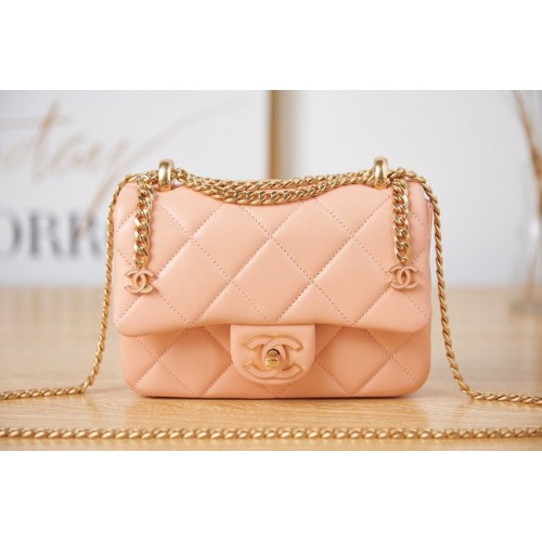 Mini sac à bandoulière en cuir d'agneau à rabat Chanel AS3113 rose