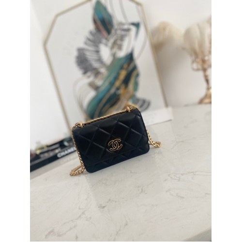 Chanel Petit sac à bandoulière en cuir d'agneau à rabat 81185 noir