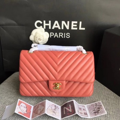 Chanel Flap Original Sac à bandoulière en cuir d'agneau 1112V pastèque chaîne en or rouge