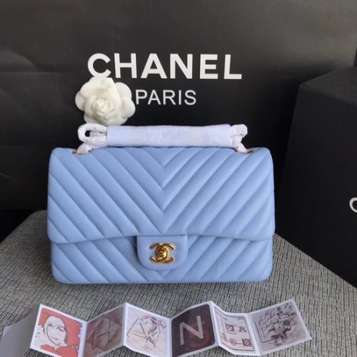 Sac à bandoulière Chanel Flap Original en peau de mouton 1112V Chaîne en or bleu clair