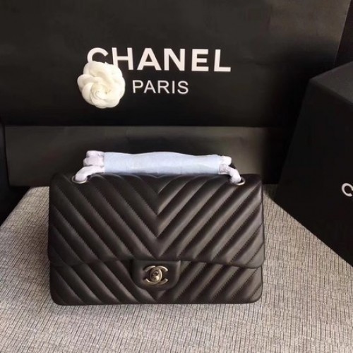 Sac à Bandoulière Chanel Flap Noir Original Cuir de Mouton CF1112V Argent