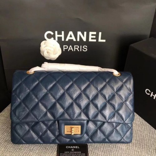 Chanel Flap Sac à Bandoulière Bleu Original Cuir de Veau 277 Or