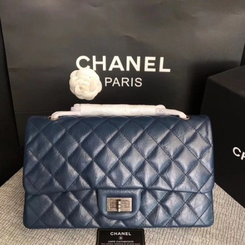 Sac à bandoulière à rabat Chanel bleu cuir de veau d'origine 277 argent