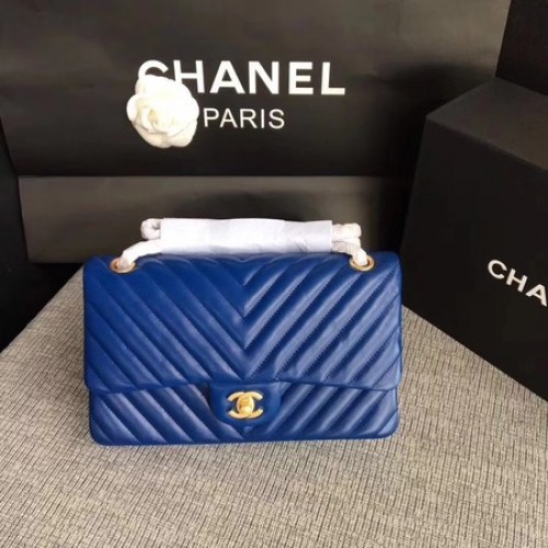 Sac à bandoulière à rabat Chanel bleu cuir de mouton d'origine CF1112V or