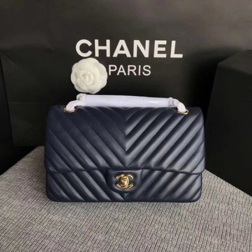 Sac à bandoulière à rabat Chanel bleu foncé en cuir de mouton d'origine CF1112V or