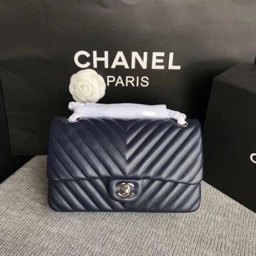 Sac à bandoulière à rabat Chanel bleu foncé en cuir de mouton d'origine CF1112V argent