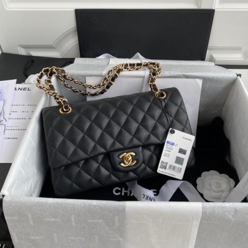 Chanel Sac à bandoulière à rabat en cuir caviar grainé A01112 métal doré noir