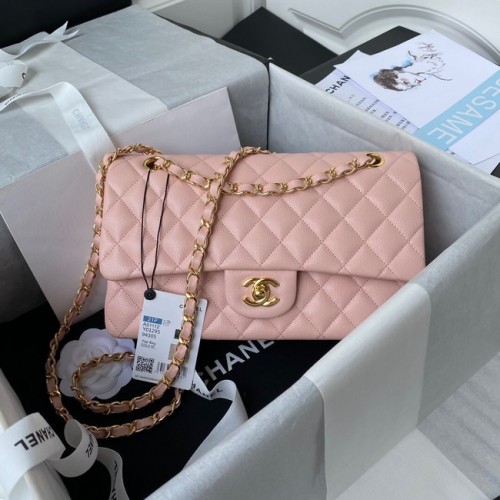Chanel Sac à bandoulière à rabat Cuir de veau grainé A01112 métal doré rose
