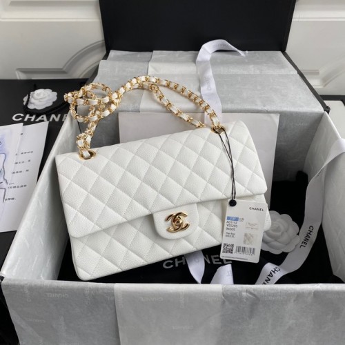 Chanel Flap Sac à bandoulière Grained Caviar A01112 métal doré blanc