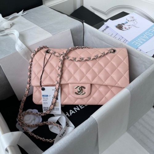 Chanel Sac à bandoulière à rabat Cuir de veau grainé A01112 métal argenté rose