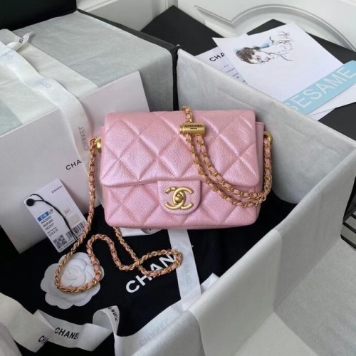 Chanel Sac à bandoulière à rabat Cuir de veau grainé AS2855 rose perle
