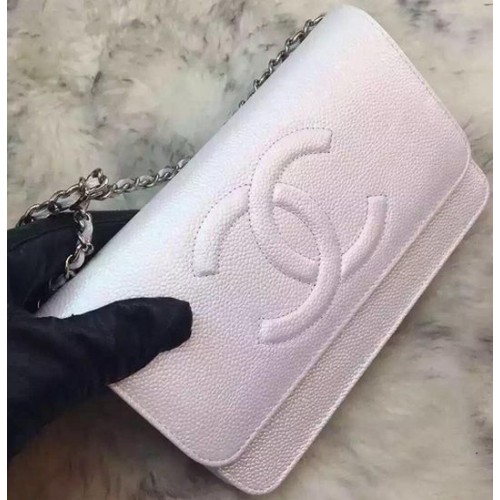 Chanel Sac à bandoulière à rabat en cuir de litchi A66535 Blanc