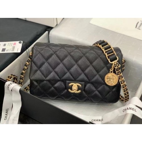 Chanel Sac à bandoulière à rabat Cuir d'origine AS2543 noir