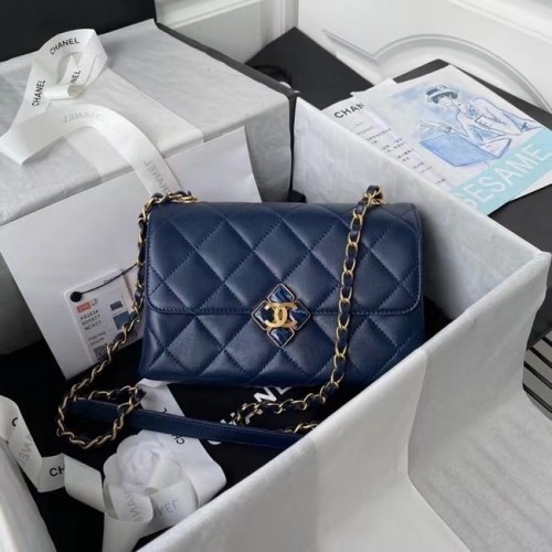 Chanel Sac à bandoulière à rabat Cuir d'origine AS2634 bleu