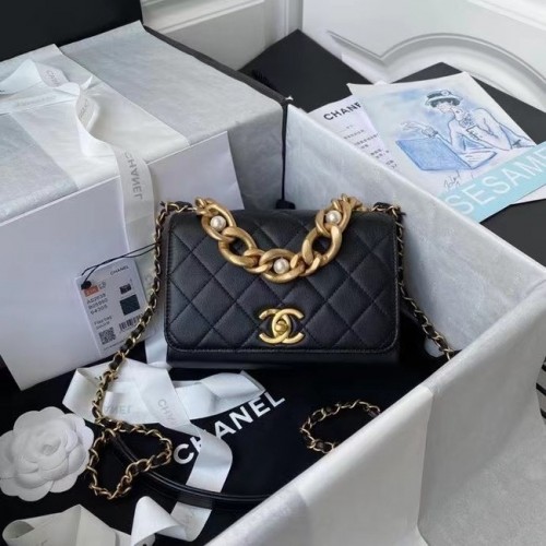 Chanel Sac à bandoulière à rabat Cuir d'origine AS2638 noir