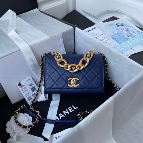 Chanel Sac à bandoulière à rabat Cuir d'origine AS2638 bleu