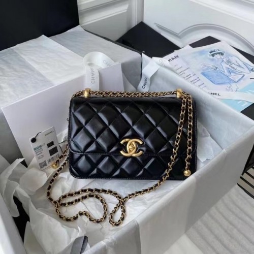 Chanel Sac à bandoulière à rabat Cuir d'origine AS2649 noir