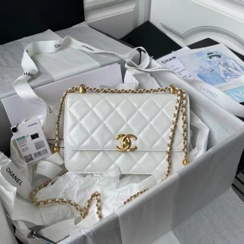 Chanel Sac à bandoulière à rabat Cuir d'origine AS2649 blanc