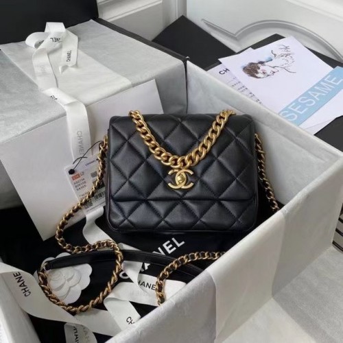 Chanel Sac à bandoulière à rabat Cuir d'origine AS2734 noir