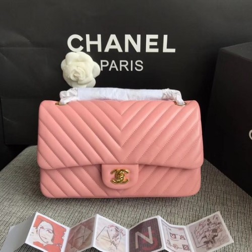 Chanel Sac à bandoulière à rabat Original en cuir de mouton 1112V chaîne en or rose cerise