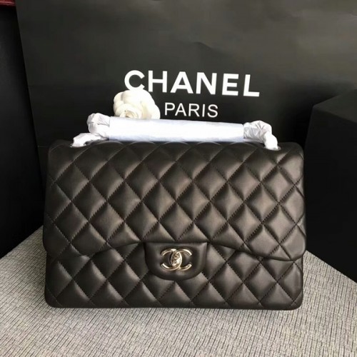 Chanel Sacs à bandoulière à rabat Noir Cuir d'agneau d'origine CF1113 Argent