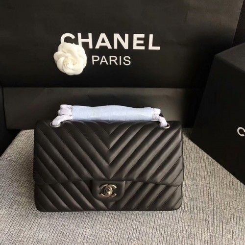 Chanel Flap Sacs à bandoulière Noir Original Sheepskin CF1112 Argent
