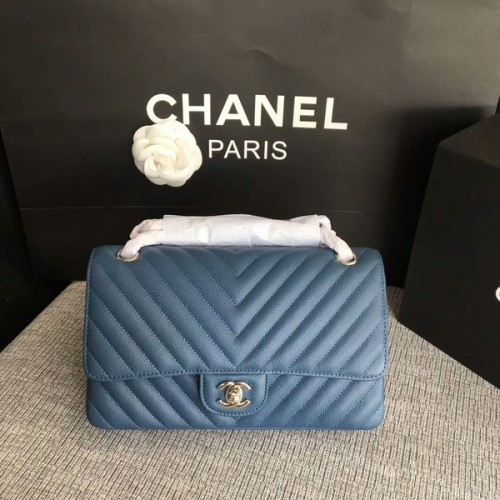 Sacs à bandoulière à rabat Chanel bleu cuir de veau d'origine CF1112 argent