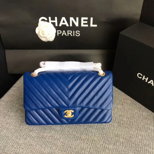 Chanel Flap Sacs à bandoulière Bleu Original en peau de mouton CF1112 Or