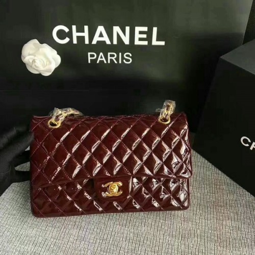Chanel Sacs à bandoulière à rabat Café Cuir verni d'origine CF1112 Or