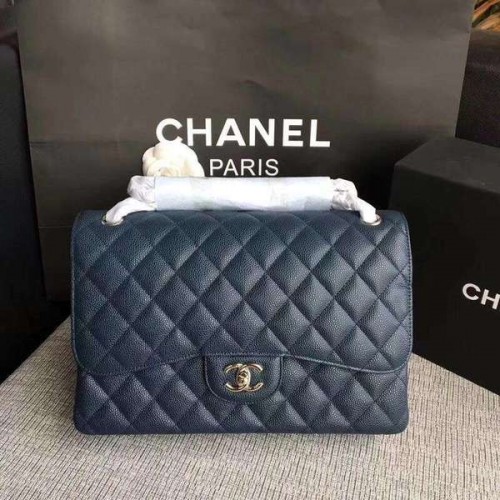 Sacs à bandoulière à rabat Chanel bleu foncé en cuir de veau d'origine CF1113 argent