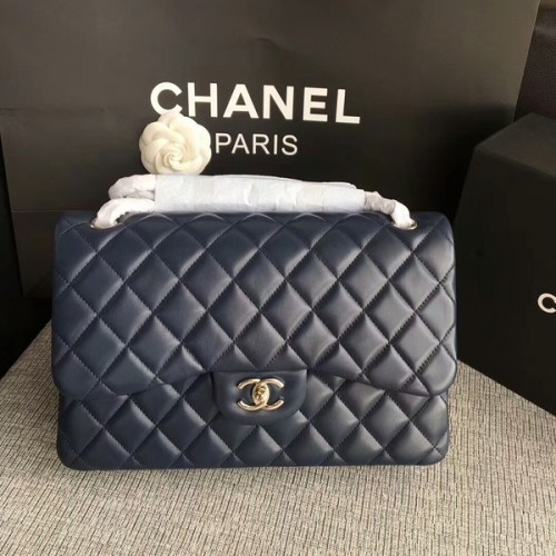 Chanel Sacs à bandoulière à rabat Bleu foncé Cuir d'agneau d'origine CF1113 Argent