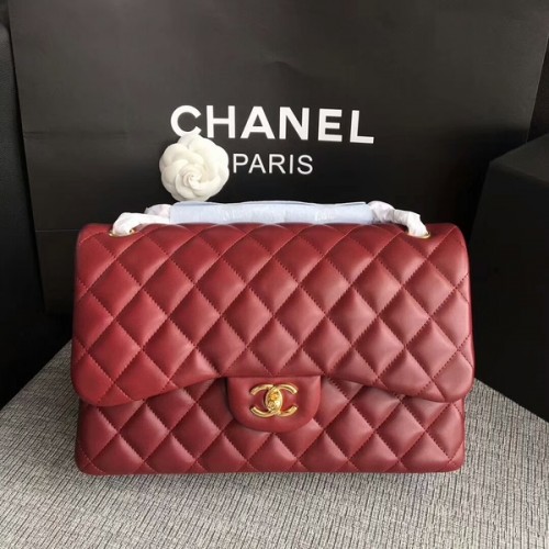 Chanel Flap Sacs à bandoulière en cuir d'agneau d'origine rouge foncé CF1113 Glod