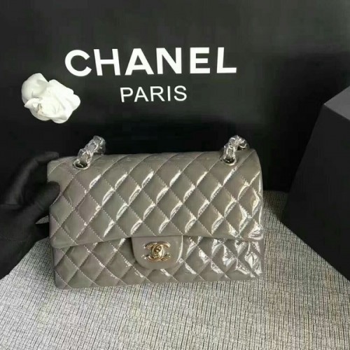 Sacs à bandoulière à rabat Chanel gris cuir verni d'origine CF1112 argent