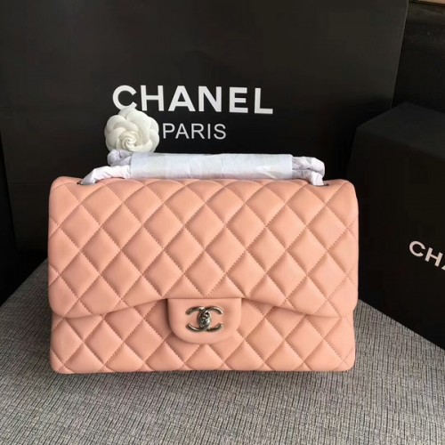 Sacs à bandoulière à rabat Chanel rose clair en cuir d'agneau d'origine CF1113 argent